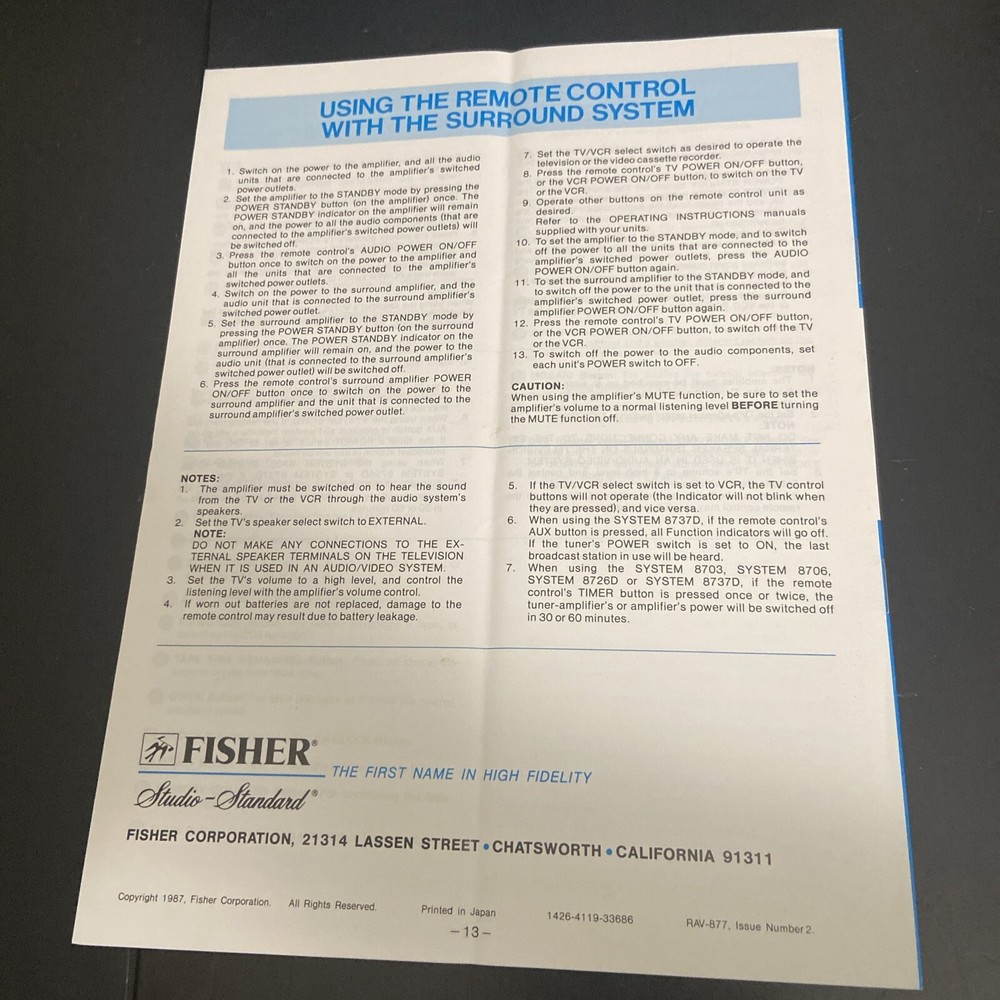 Fisher RAV-877 Remote Control Owner / User Manual *Original*
