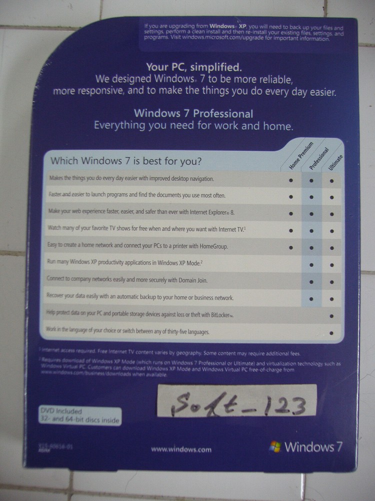 Microsoft Windows 7 Professional Full 32 & 64 Bit DVD MS WIN PRO=NEW SEALED BOX=