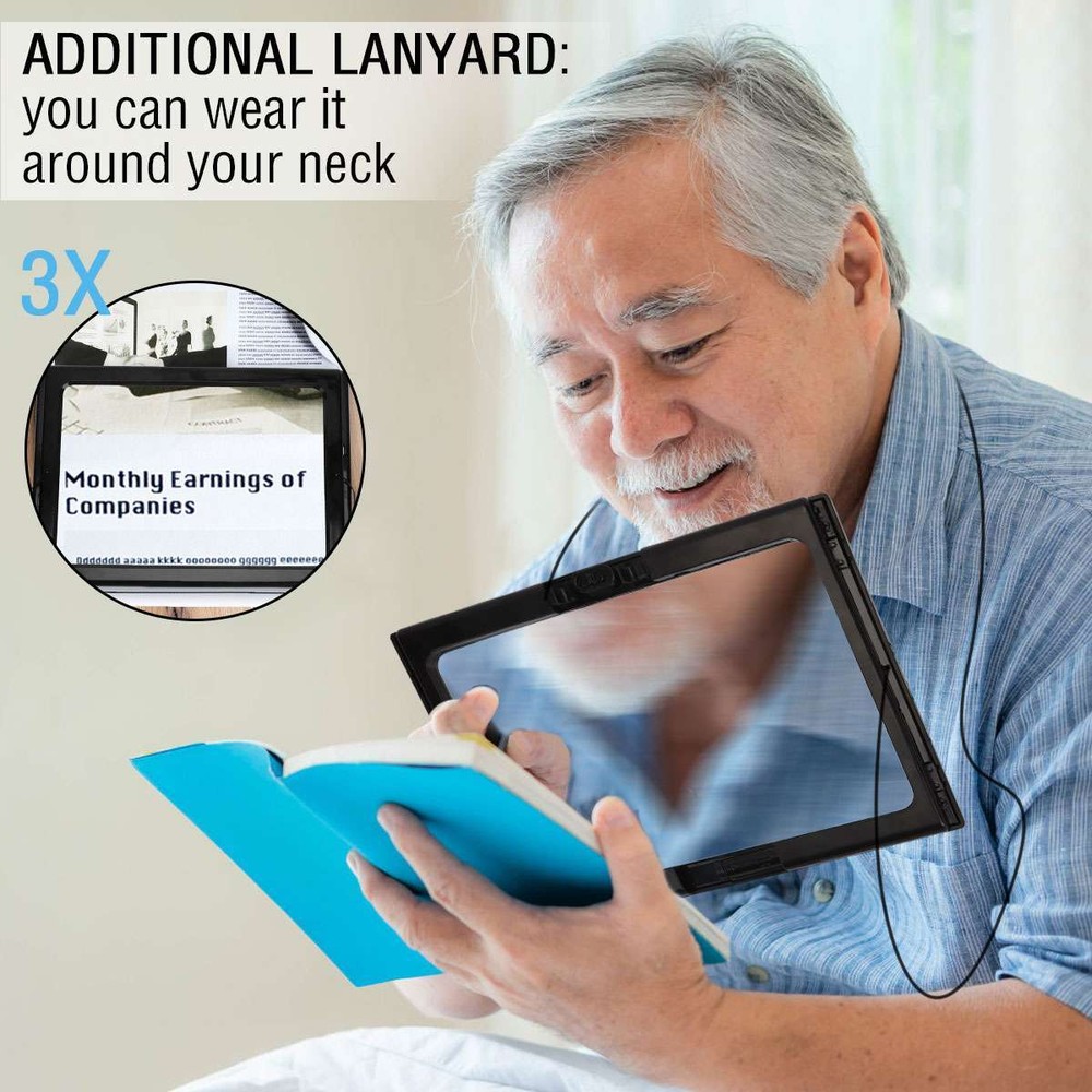Hands-Free Magnifying Glass Large Full-Page Rectangular 3X Magnifier LED Lighted