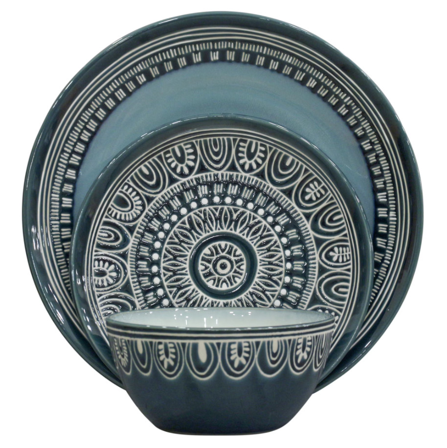 Teal Medallion 12-Piece Stoneware Dinnerware Set