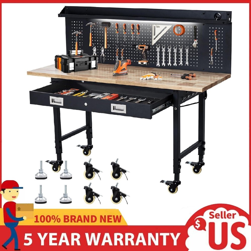 60" x 22" Adjustable Workbench ,Heavy Duty Work Table with Drawer and Pegboard