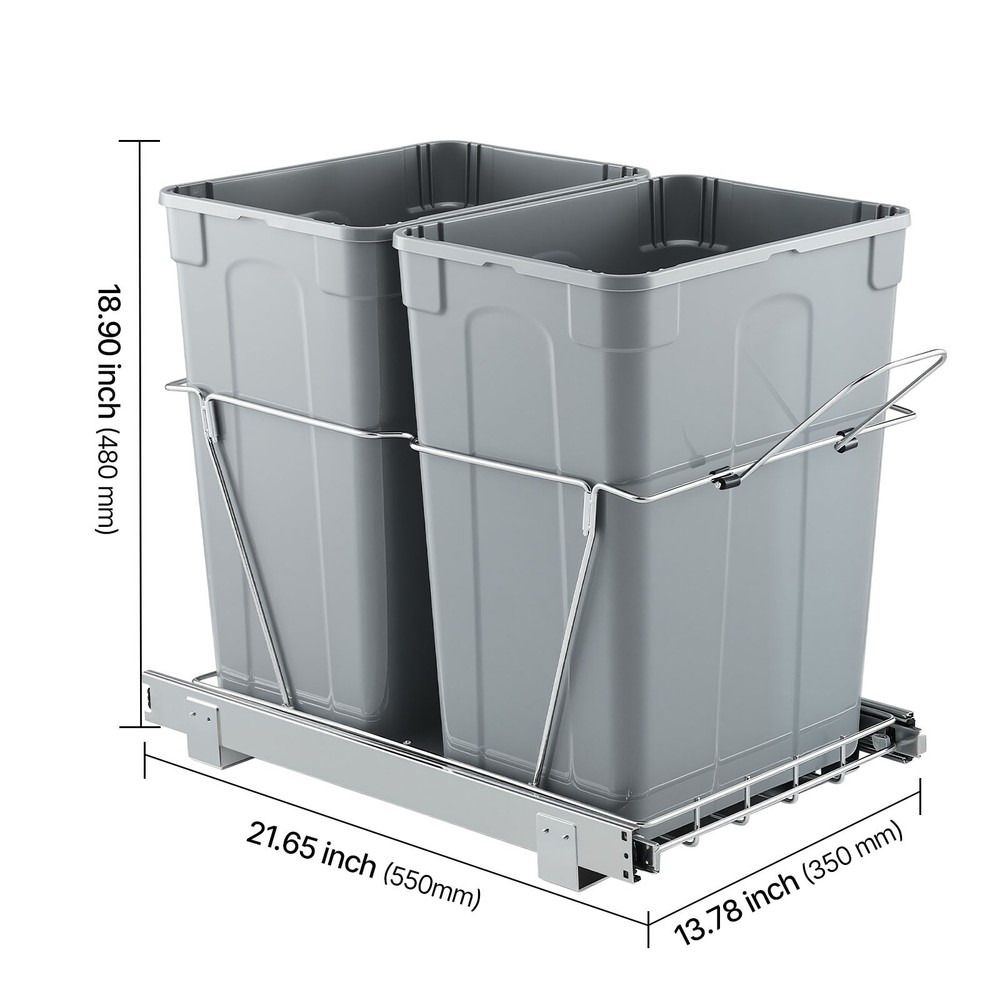 Double 35QTx2 Pullout Waste Container Under Cabinet Kitchen Trash Can Soft Close