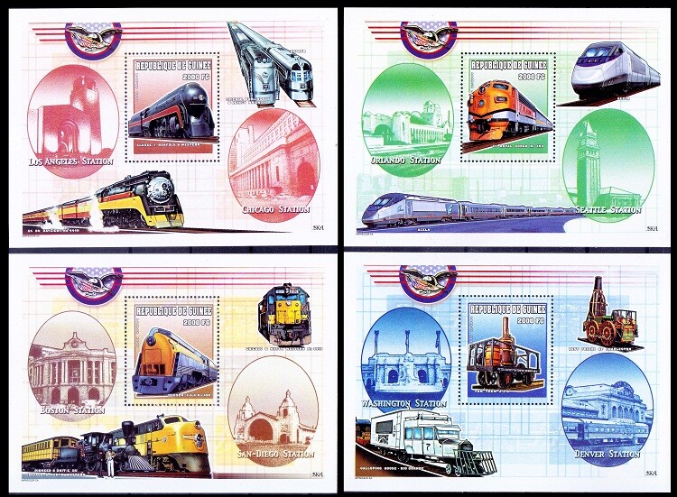 Railways, Train, Stations, Engines, Guinea 2000 MNH 4 SS Set