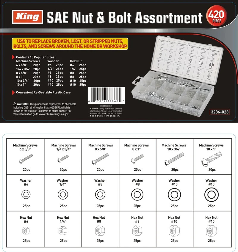 420 Piece SAE Standard Nut Bolt Assortment Hardware Kit