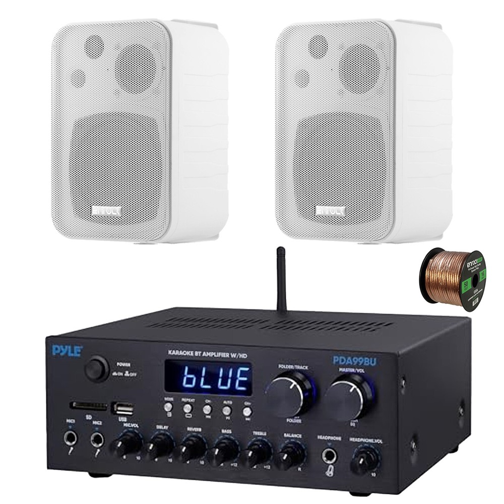 Pyle PDA99BU 2-Channel Home Audio Bluetooth Receiver, 2x 4" White Speaker, Wire