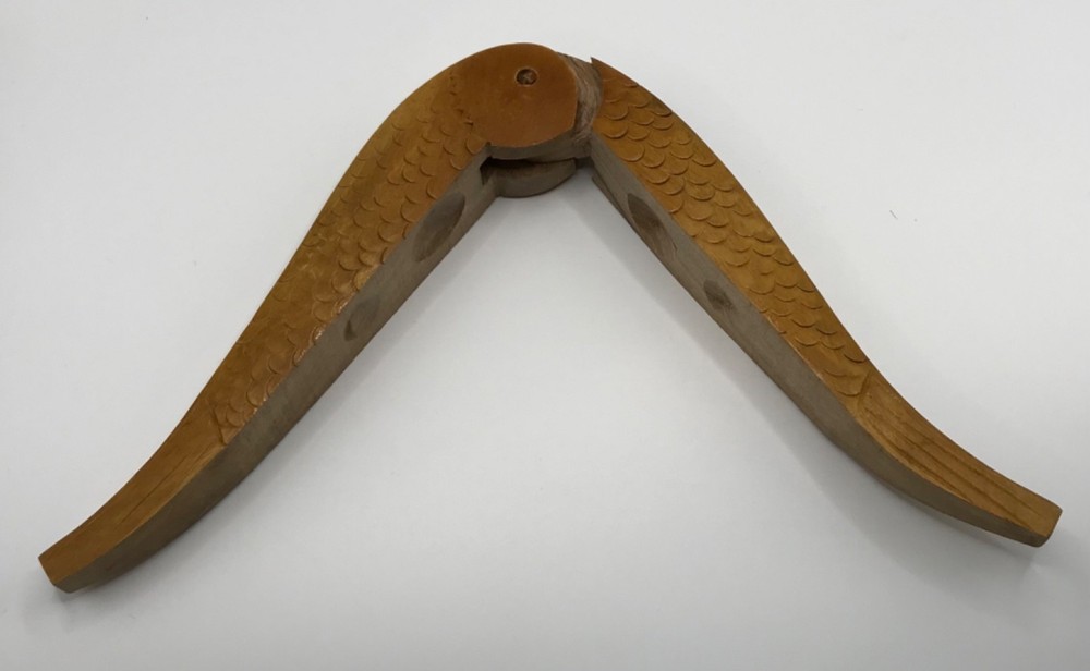 VTG Hand Carved Solid Wood Fish Shape Double Nut Cracker 8" Decorative Textured