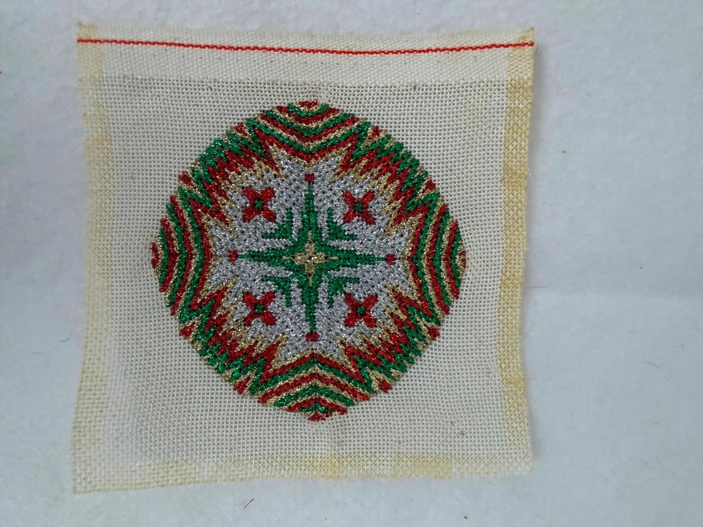 Completed NEEDLEPOINT CANVAS - Christmas Ornament Metallic Threads 4.25"