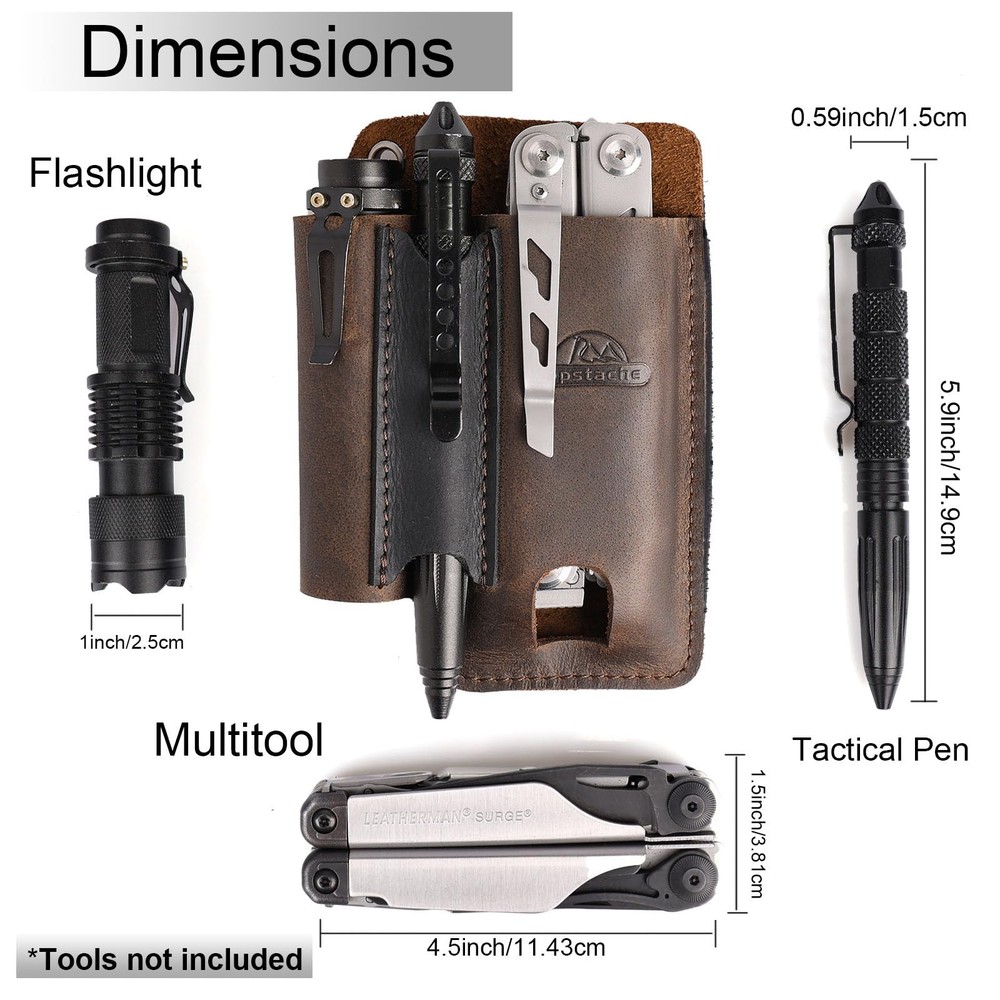 Topstache Leather Multitool Sheath: EDC Belt Organizer, Flashlight Pen Holder