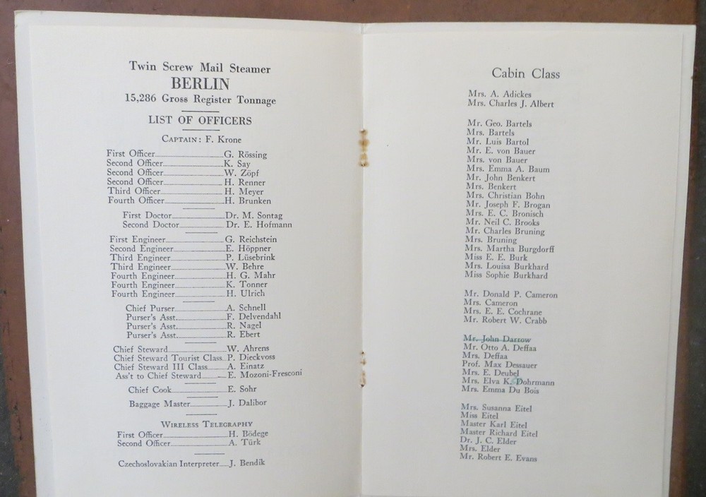 BERLIN (North German Lloyd) 1936 Cabin Class Passenger List