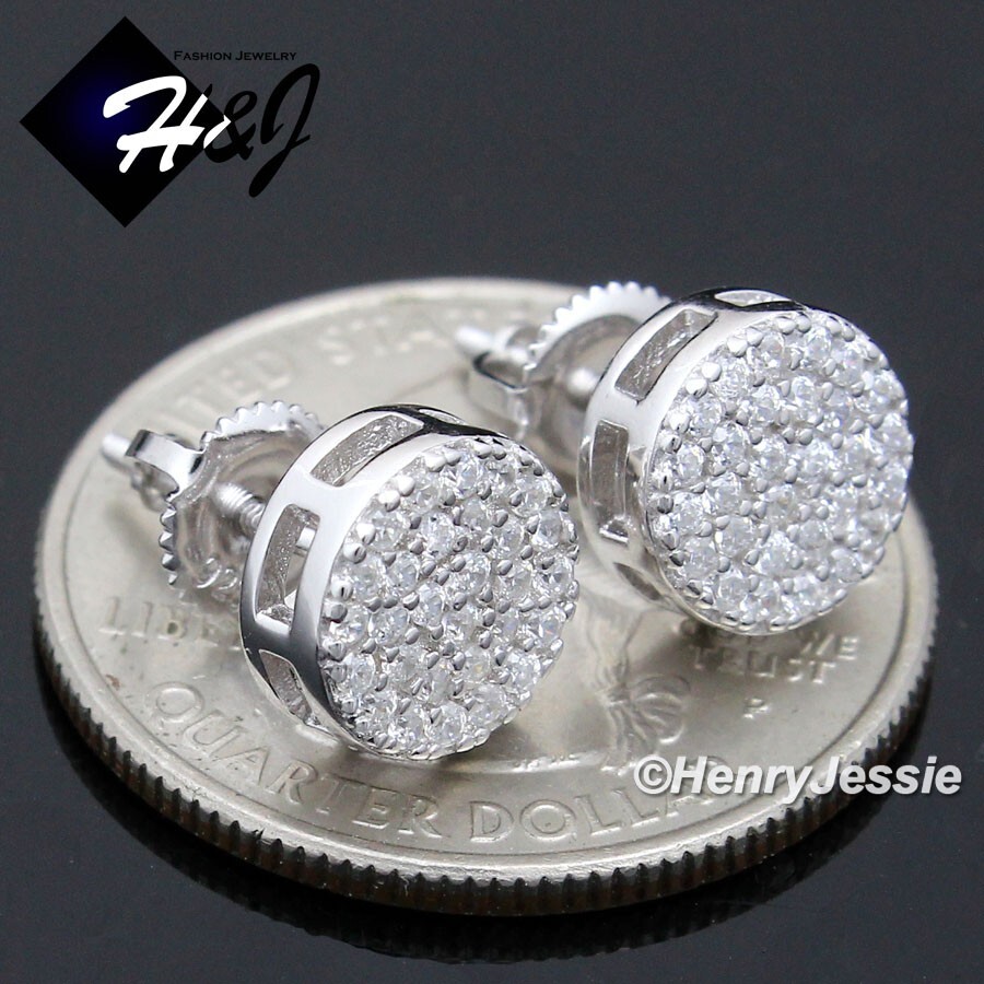 MEN SOLID 925 STERLING SILVER 9MM ICY CZ 3D ROUND SCREW BACK STUD EARRING*E238