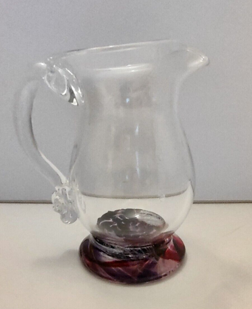 Hand Blown Clear Pitcher with Purple Swirl Base Unknown Maker 7"