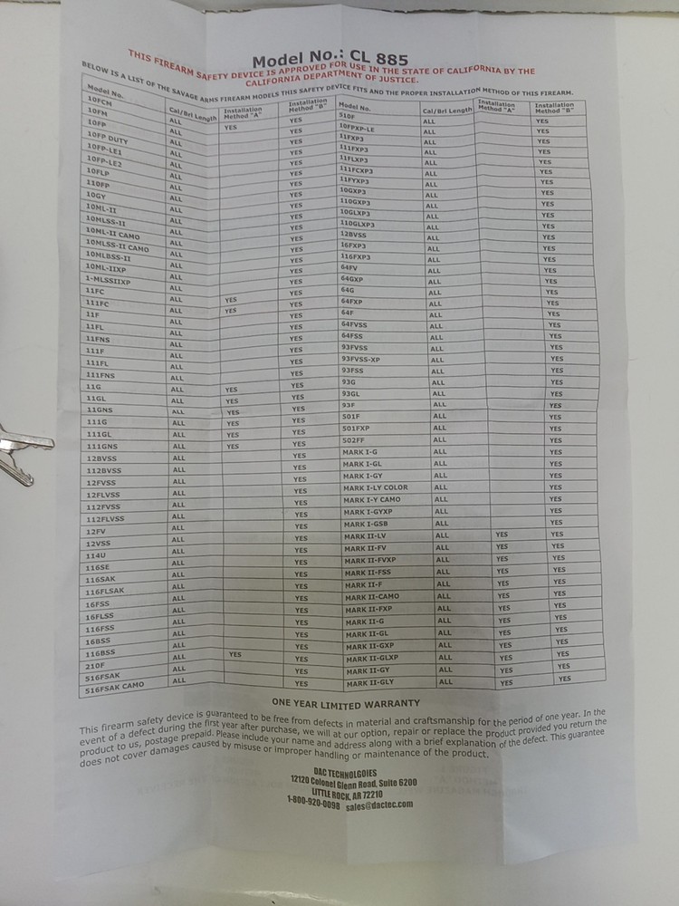 Gun Cable Lock 2 Keys Model # CL 885 with Instruction Sheet