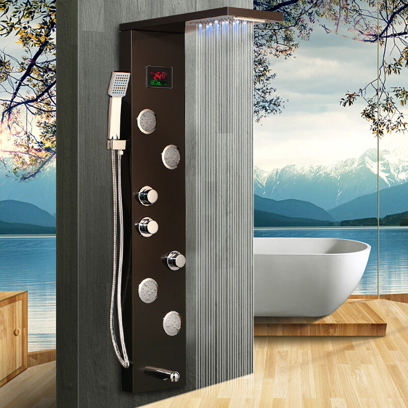 Bathroom Brushed Black LED Wall Mount Display Massage Jets Shower Panel