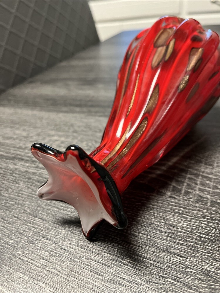 Red Glass Vase Leopard Look Brown Glitter