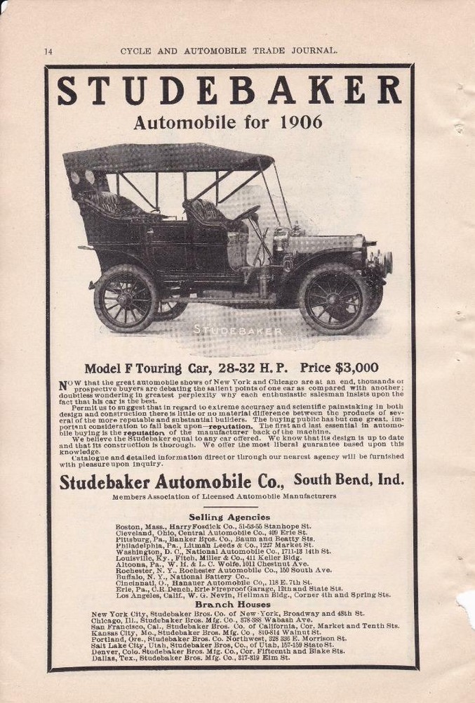 1906 Studebaker Automobile Car Co Ad / South Bend/ Great Art