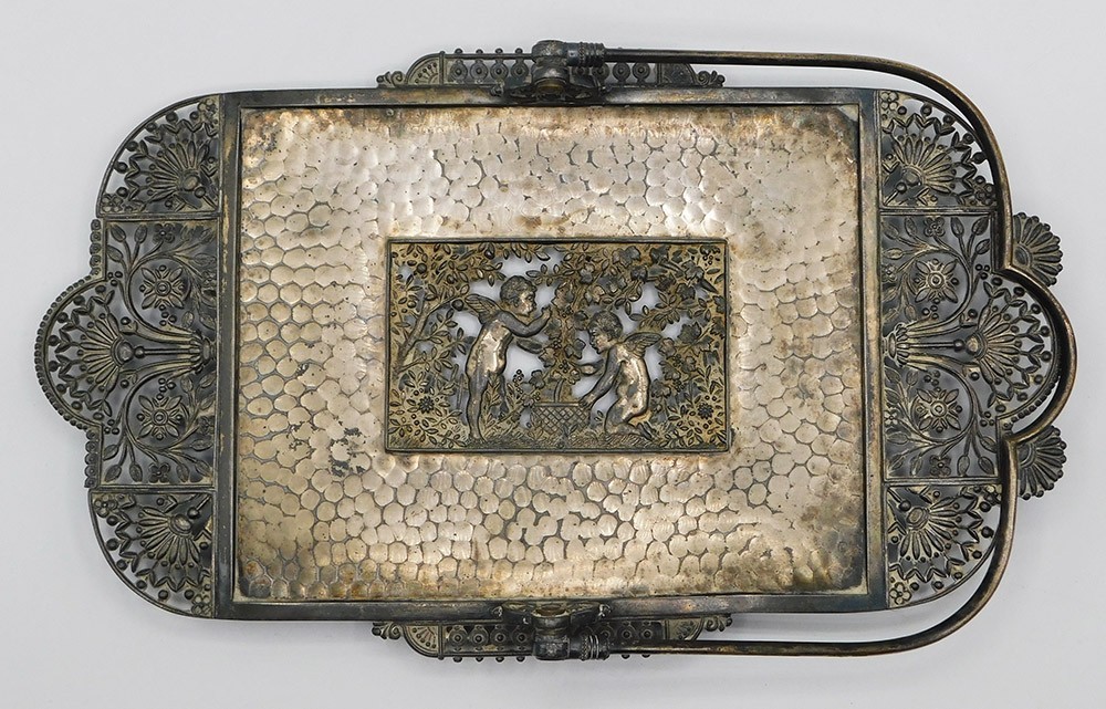 Vintage Large Silver Plated Rectangular Handled Tray w Ornate Cherub Tree Floral