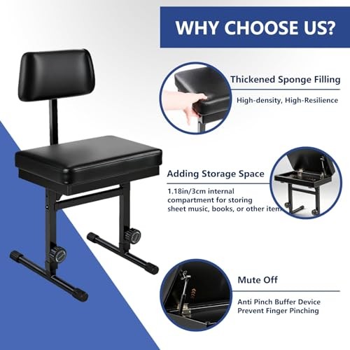 Adjustable Piano Bench with Storage,Guitar Stool with Back Support Music