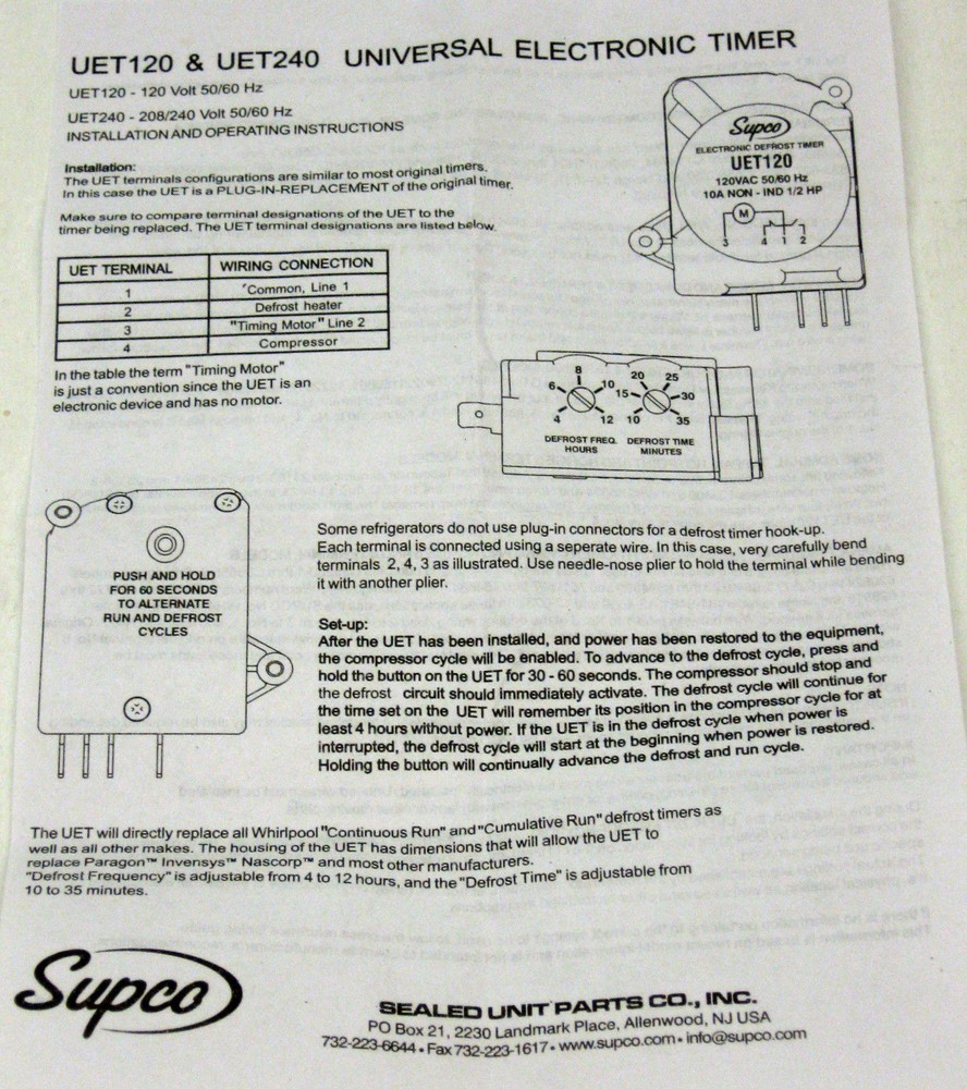 UET120 SUPCO Refrigerator Defrost Timer Control Universal 120 Volt Electronic