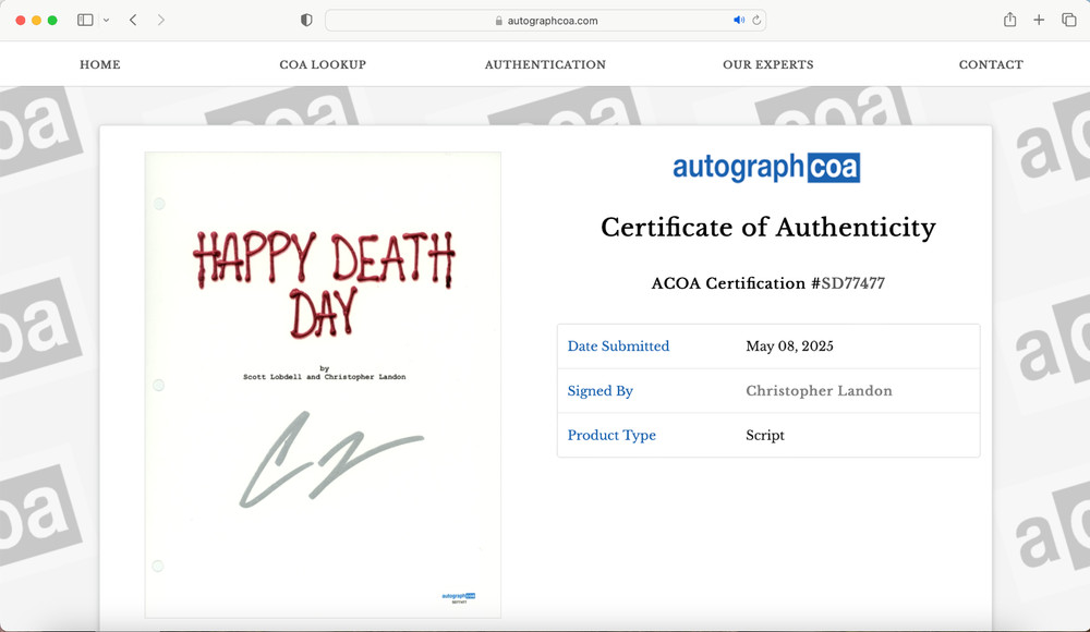 Christopher Landon signed Happy Death Day Script full 112 pages ACOA COA