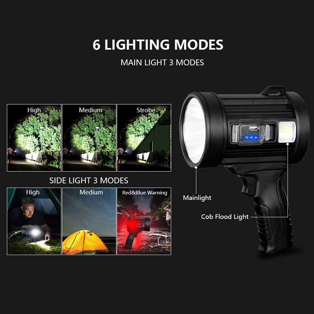 LED Flashlight 200000Lm Super Bright Searchlight Rechargeable Spotlight Handheld