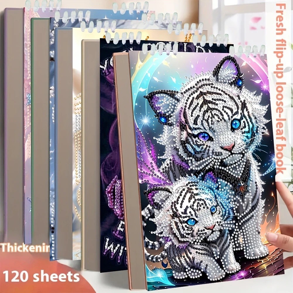 White Tiger Pattern Loose-Leaf Detachable Notebook Diamond Jewel Art COMPLETED