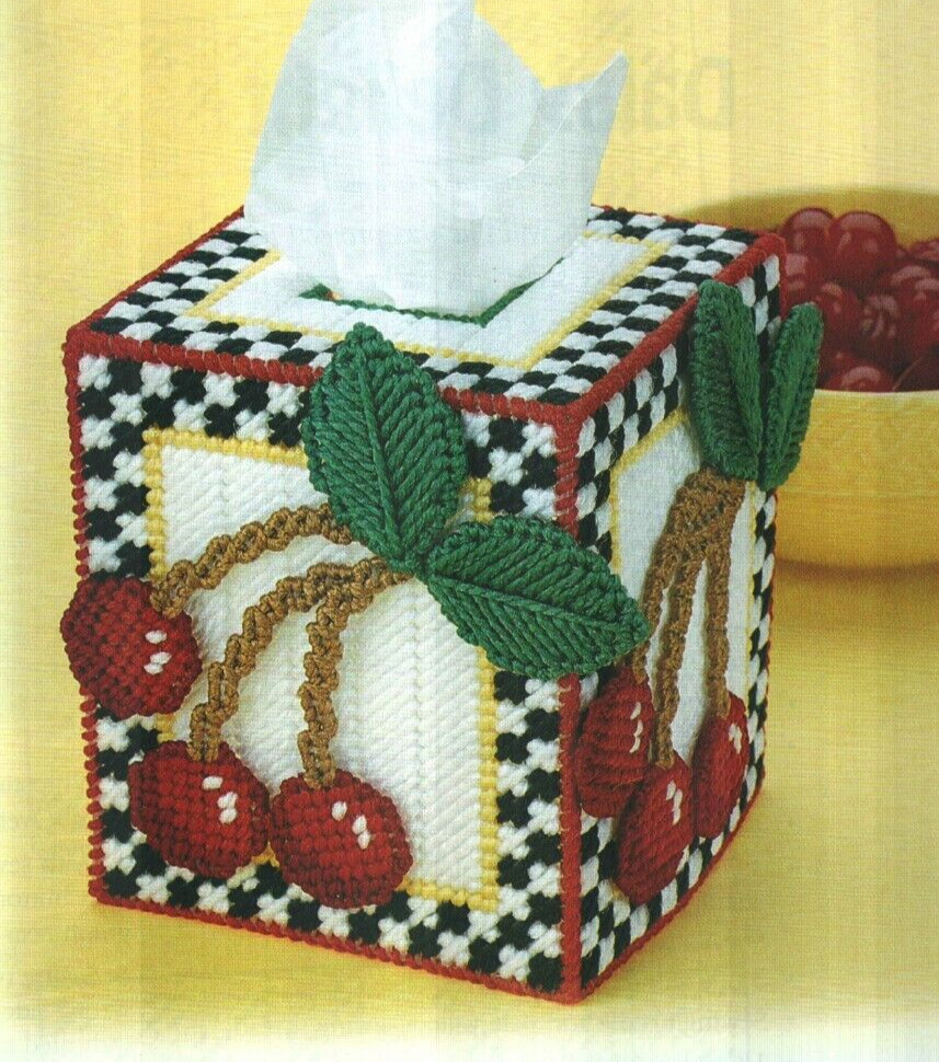 CHEERY CHERRIES TISSUE BOX COVER HOME DECOR PLASTIC CANVAS PATTERN INSTRUCTIONS