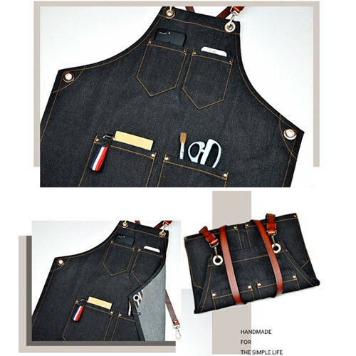 1PC Denim Bib Apron Leather Strap Barista Baker Bartender BBQ Chef Work Uniform