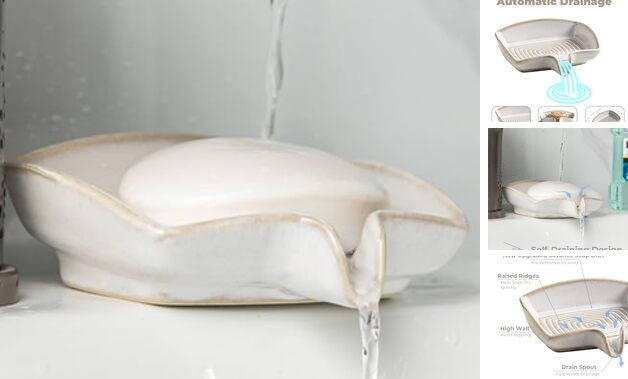 Soap Dishes, Ceramic Shower Soap Dish with Waterfall Rectangular Beige White