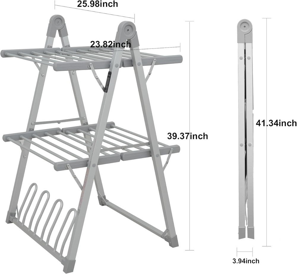 Foldable Electric Heated Clothes Drying Rack with Timer - Silver Gray
