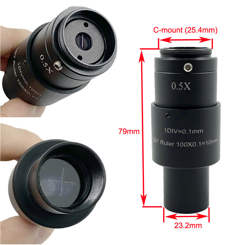 0.5X Microscope Industrial Camera Scale Adapter C-mount with Calibration Reticle
