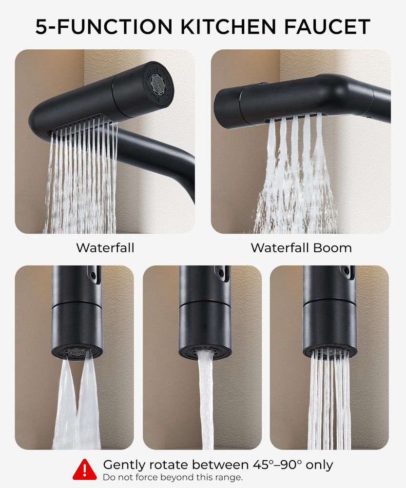 Black Waterfall Kitchen Faucet with Pull Down Sprayer, 5 Spout Modes Stainles...