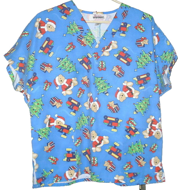 Christmas Scrub Top M Medium Teddy Bear Tree Gift Blue Pocket