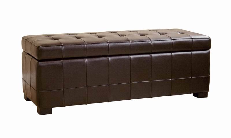 Leather Ottoman Storage Bench Rectangle Dark Brown Classic Tufted Dimpled