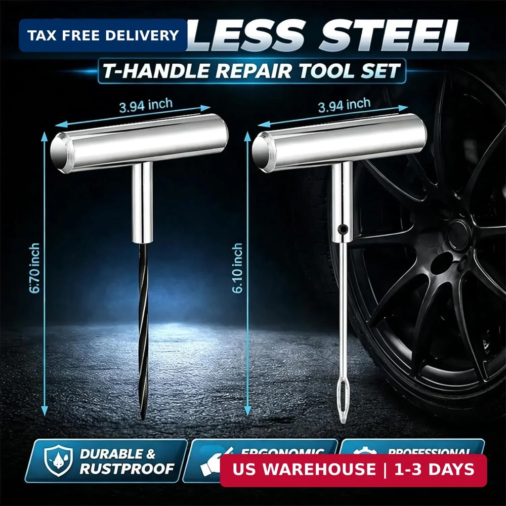 Auto Stainless Steel Solid T-Handle Set - Pro Heavy Duty Spiral Probe & Split Ey