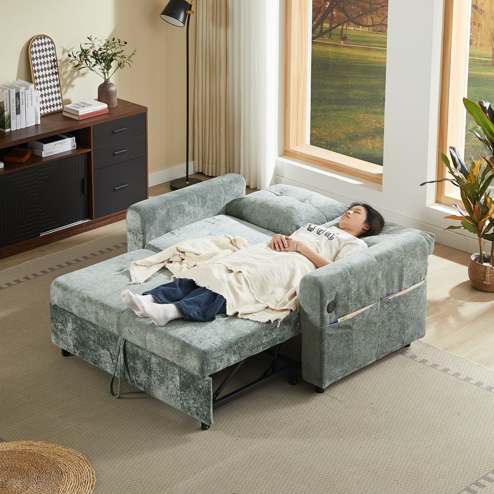Chenille Sleeper Sofa Bed Loveseat Convertible with Pull Out Bed & USB Port