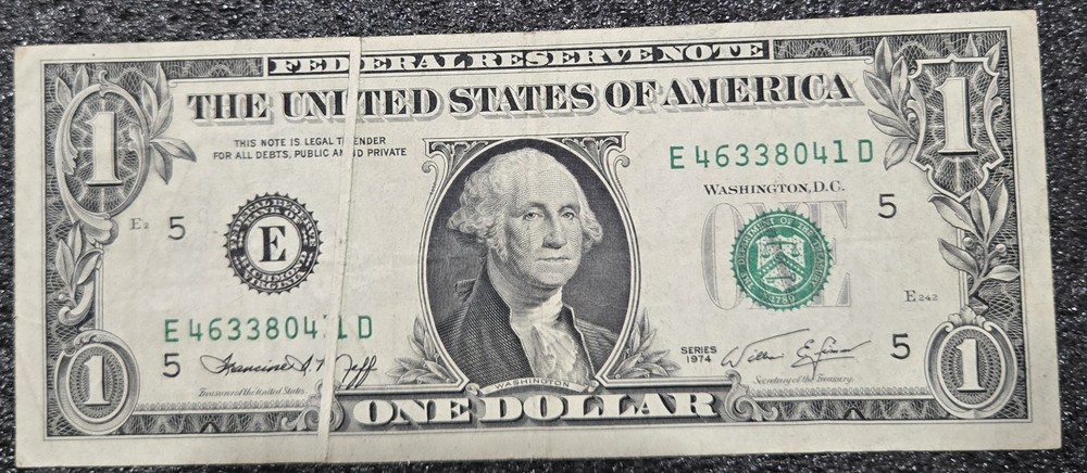 $1 1974 Dollar Bill FRN Gutter Fold Error With Cutting Error On Back Currency