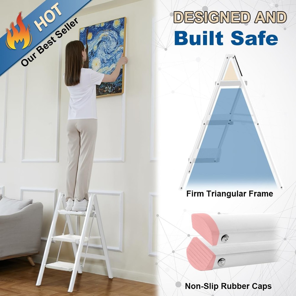 Double Elite Step Ladder 3 Folding, Sturdy 330 Lbs Load 3-Step, White