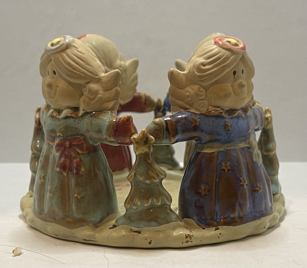 Ceramic Angels And Christmas Tree Pillar Candle Ring Holder