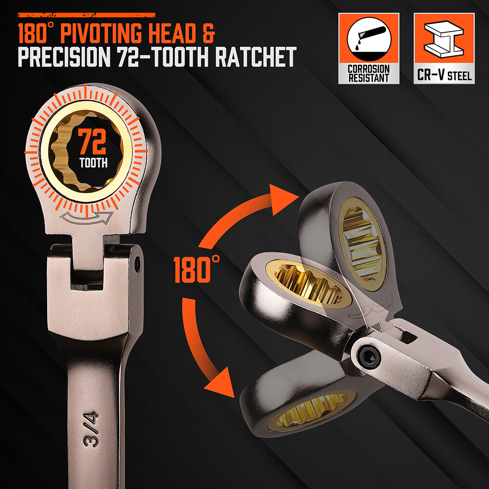 12PC Flex-Head Ratcheting Wrench Set Set with Organizer SAE Combination Spanner