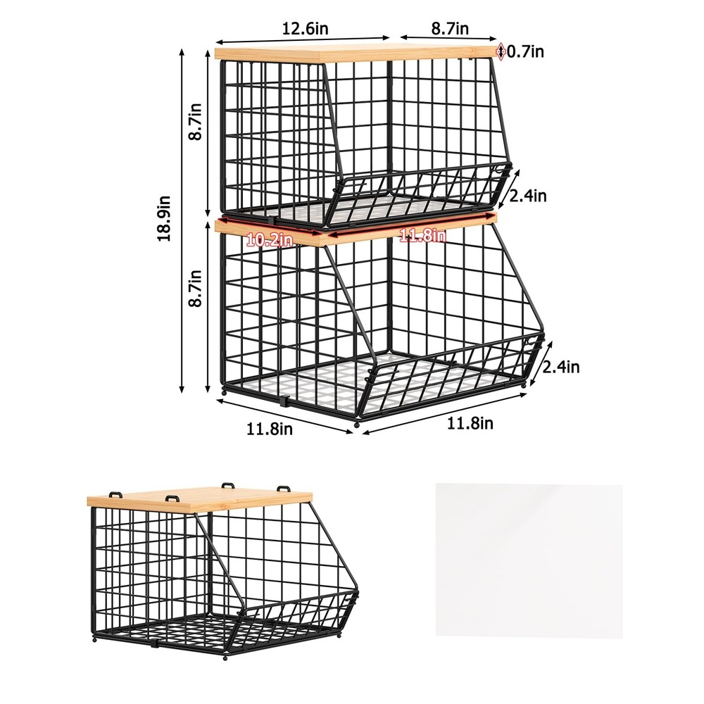2PCS Stackable Wire Basket Organizer with Wood Top Kitchen Storage Fruit Bread