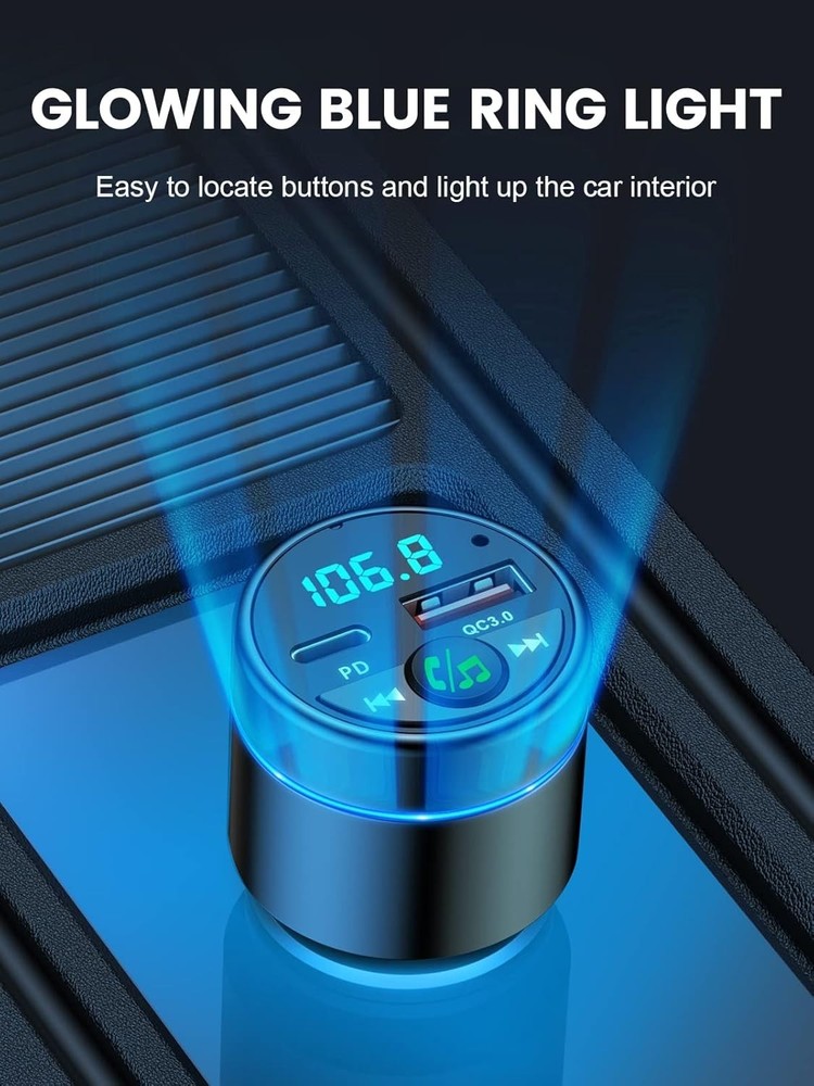 Compact Bluetooth 5.3 Car FM Transmitter with Dual Fast Charging & Blue Light