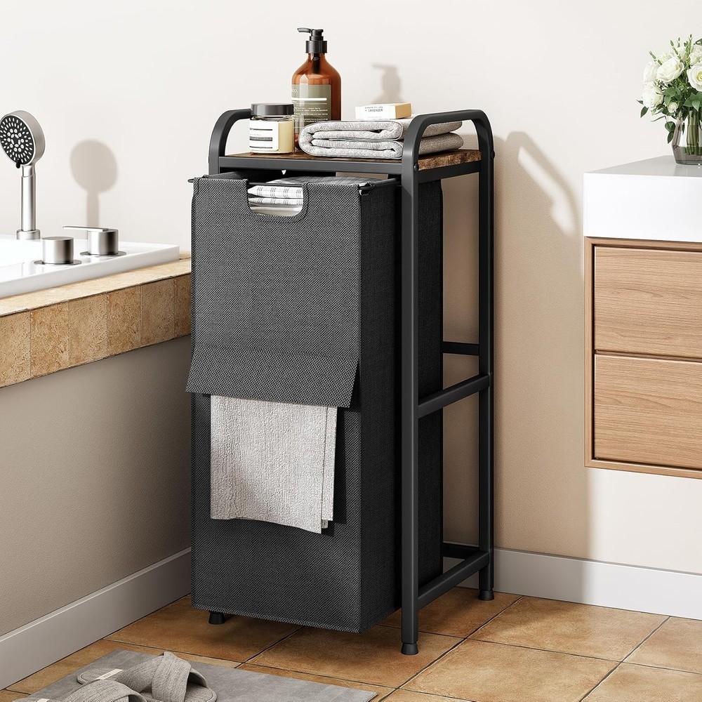 Laundry Basket Organizer Laundry Hamper W/ Shelf & 2 Pull-Out Removable Bags