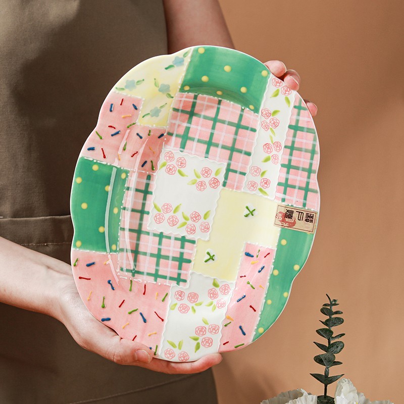 Colorful Patchwork Ceramic Dinner Plate 8.86'' Decorative Serving Dish