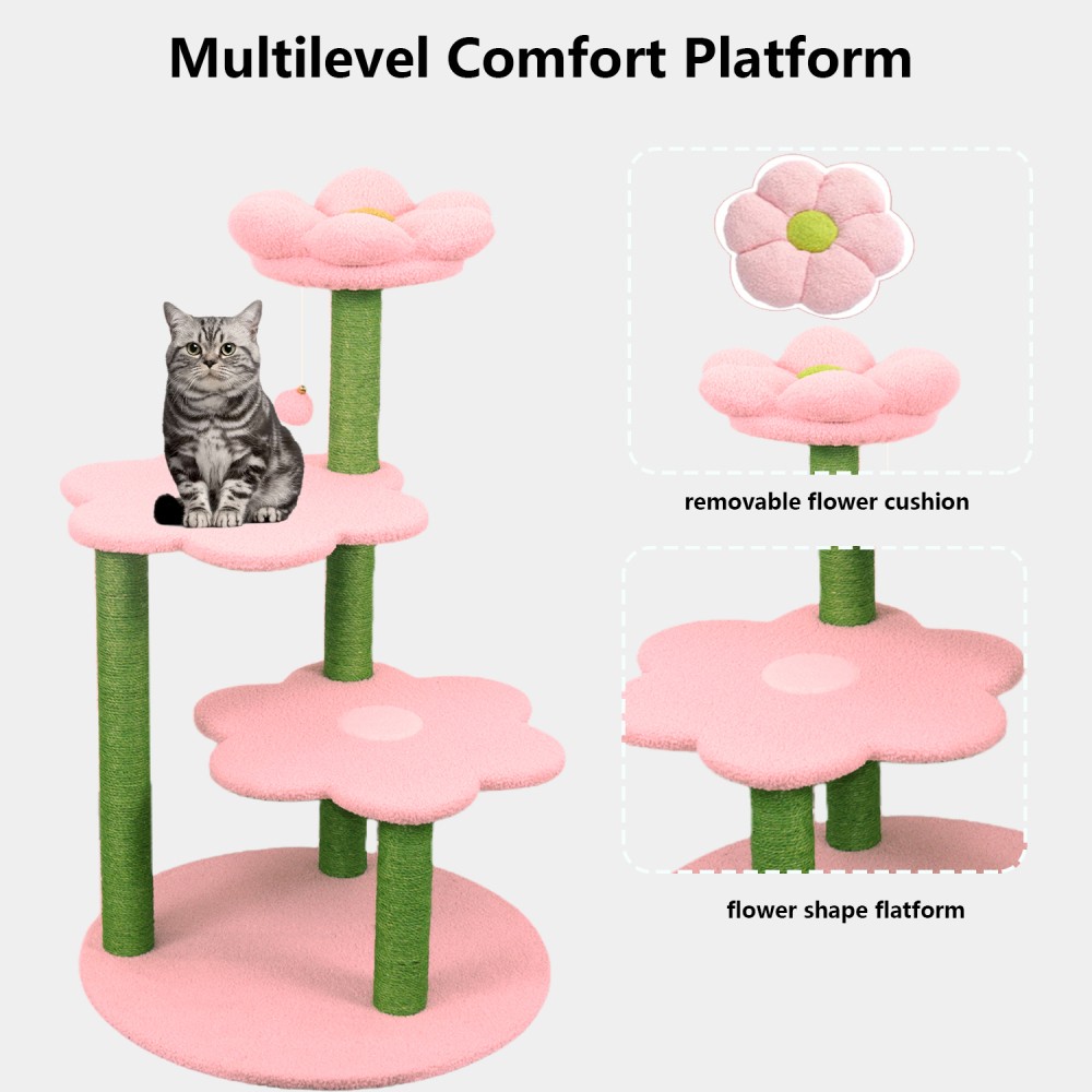 Multi-Level Cat Tree with Scratching Posts & Soft Perches, Pink, 40'' Tall