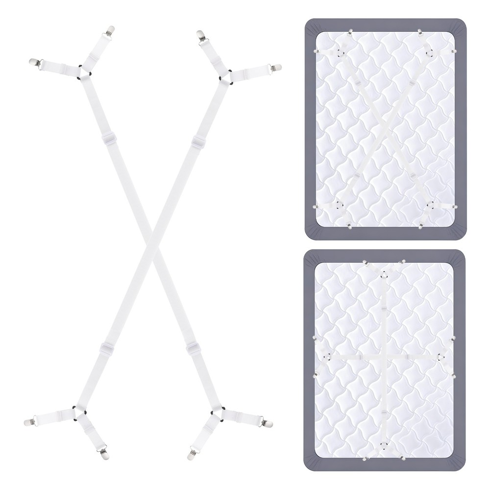 2Pcs Bed Sheet Holder Straps Elastic Adjustable 2 Way Cross 4 Clips, White