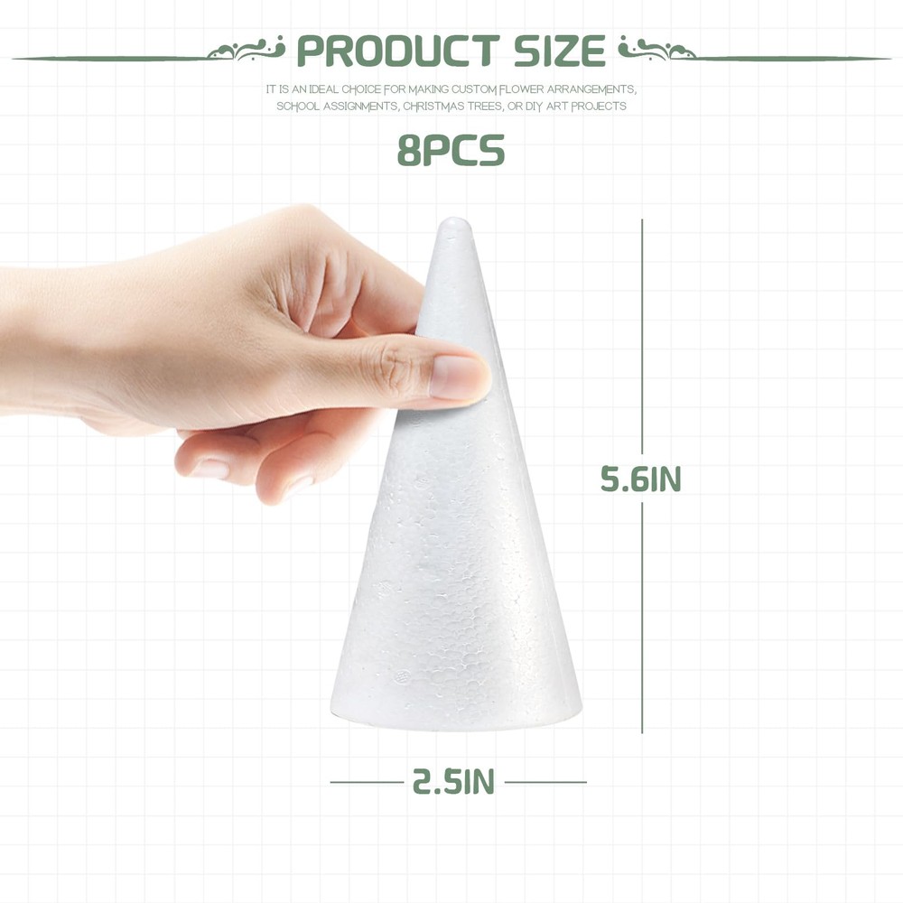 8 Pack 5.6x2.5 Inch Styrofoam Cones for Craft White Polystyrene Tree Shape