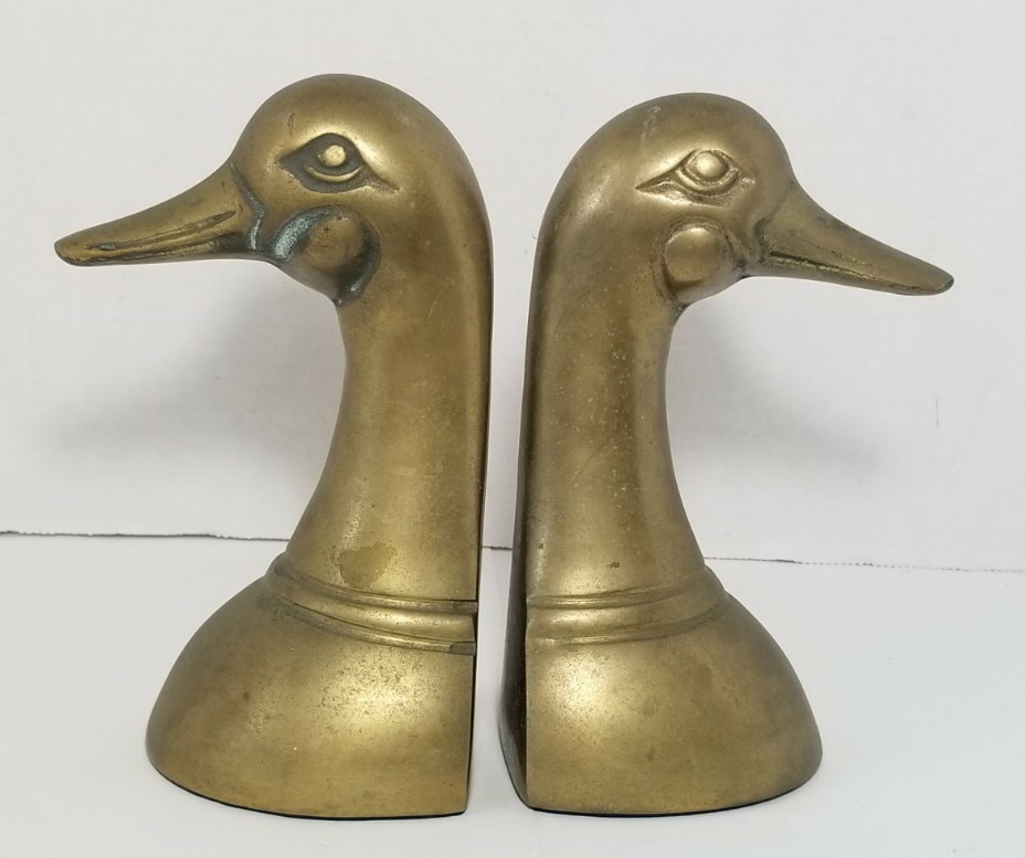 Vintage Solid Brass Mallard Duck Heads Bookends Pair Set