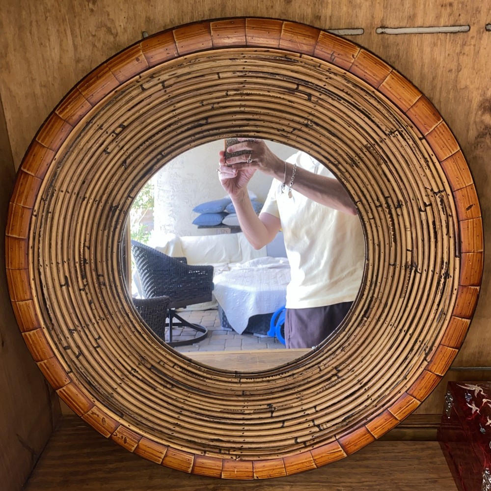 Vintage Bamboo Frame Rattan "Wall Mirror 24” Diameter