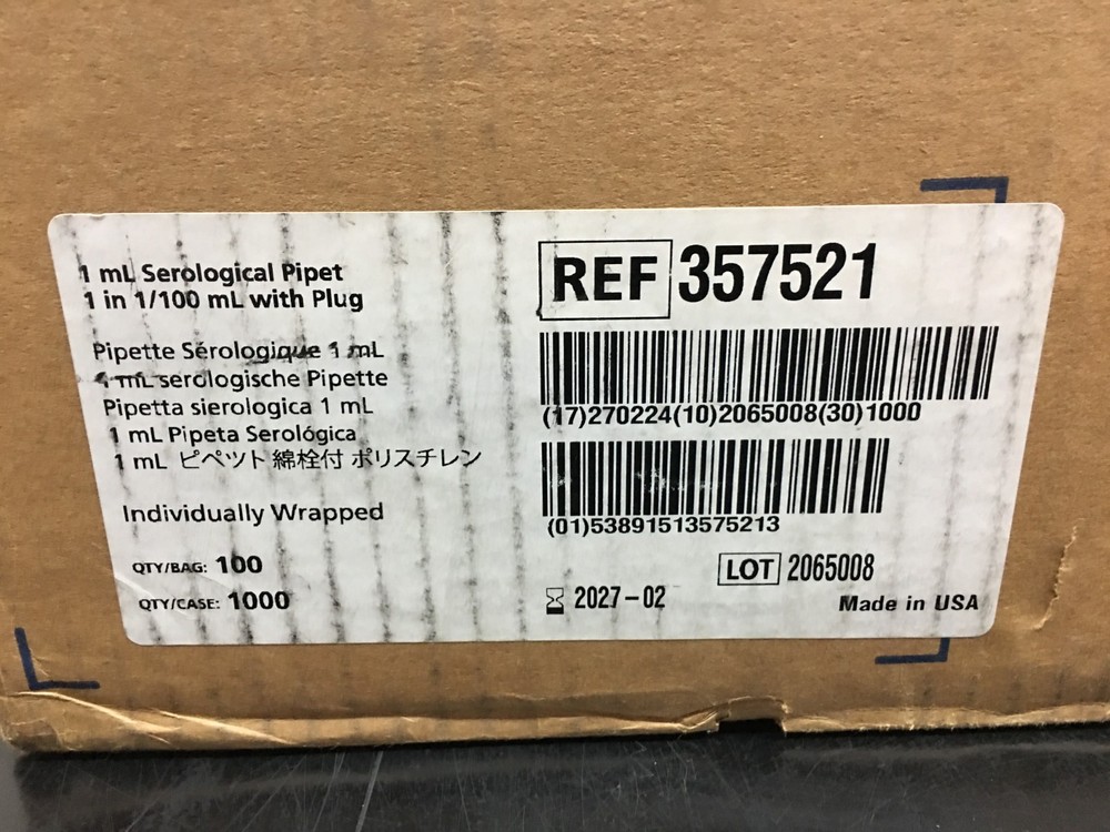 Corning Falcon REF 357521 Serological Pipette 1mL 1in With Plug Case