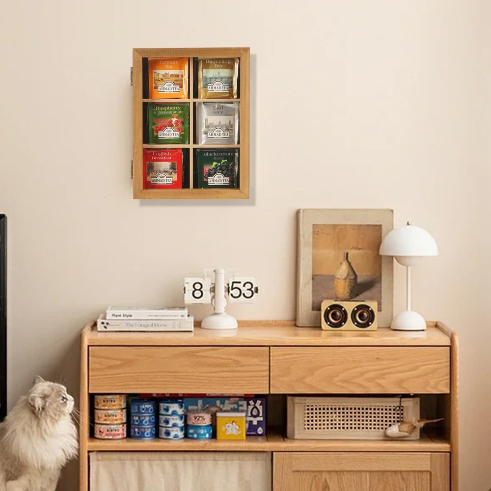 Wood Tea Bag Organizer, 6 Compartment Multi-Functional Box, Storage Container